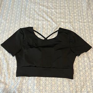 SHEIN Black Short Sleeve Cropped V-Neck Top with Back Strap